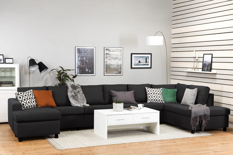 Crazy 6-seters Høyrevendt U-formet XX-Large Sofa med Divan og Sjeselong i Stoff - Antrasitt - Møbler - Sofaer - U-sofa