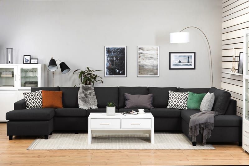 Crazy 6-seters Høyrevendt U-formet XX-Large Sofa med Divan og Sjeselong i Stoff - Antrasitt - Møbler - Sofaer - U-sofa