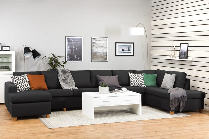 Crazy 6-seters Høyrevendt U-formet XX-Large Sofa med Divan og Sjeselong i Stoff - Antrasitt - Møbler - Sofaer - U-sofa