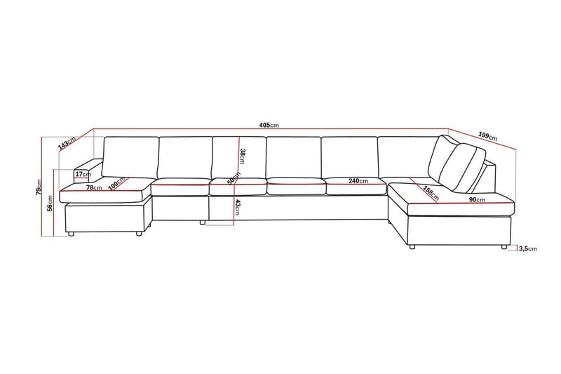 Crazy 6-seters Høyrevendt U-formet XX-Large Sofa med Divan og Sjeselong i Stoff - Antrasitt - Møbler - Sofaer - U-sofa