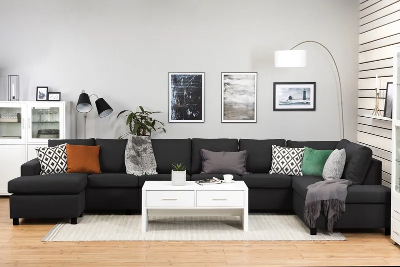 Crazy 6-seters Høyrevendt U-formet XX-Large Sofa med Divan og Sjeselong i Stoff - Antrasitt - Møbler - Sofaer - U-sofa