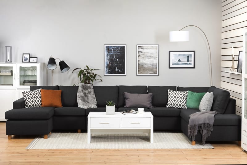 Crazy 6-seters Høyrevendt U-formet XX-Large Sofa med Divan og Sjeselong i Stoff - Antrasitt - Møbler - Sofaer - U-sofa