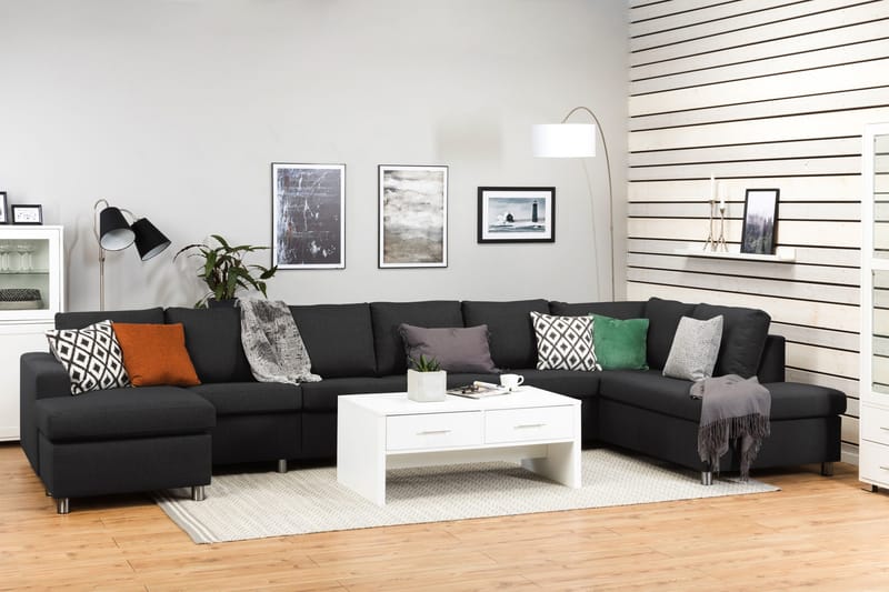 Crazy 6-seters Høyrevendt U-formet XX-Large Sofa med Divan og Sjeselong i Stoff - Antrasitt - Møbler - Sofaer - U-sofa