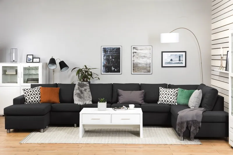 Crazy 6-seters Høyrevendt U-formet XX-Large Sofa med Divan og Sjeselong i Stoff - Antrasitt - Møbler - Sofaer - U-sofa