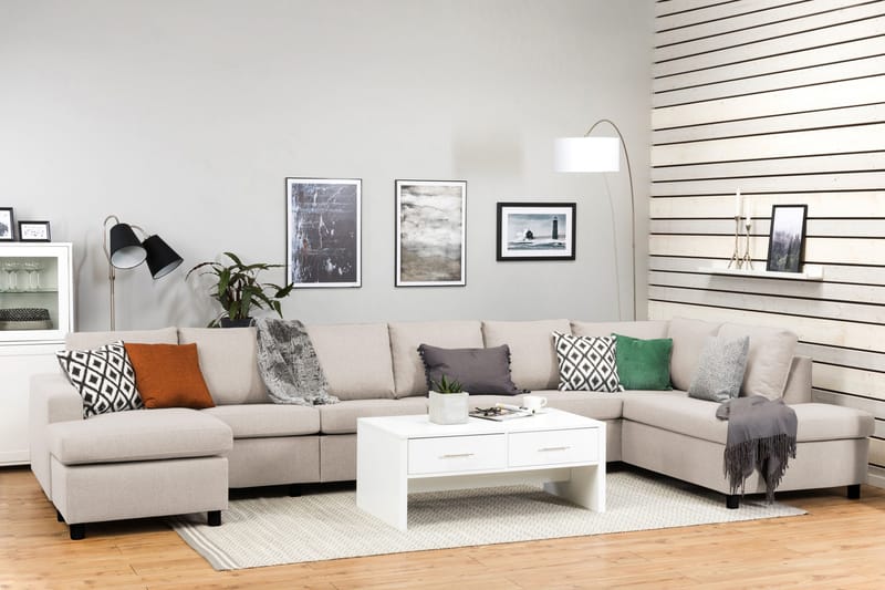 Crazy 6-seters Høyrevendt U-formet XX-Large Sofa med Divan og Sjeselong i Stoff - Beige - Møbler - Sofaer - U-sofa