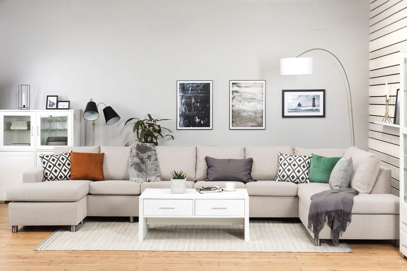 Crazy 6-seters Høyrevendt U-formet XX-Large Sofa med Divan og Sjeselong i Stoff - Beige - Møbler - Sofaer - U-sofa