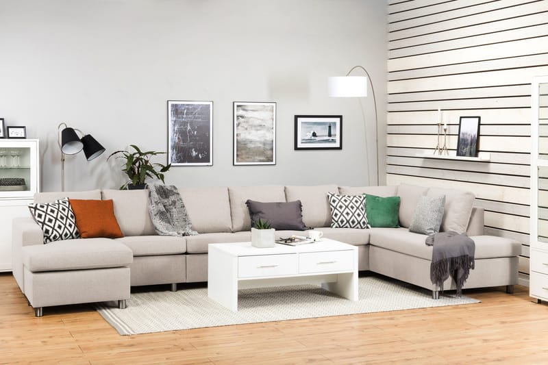 Crazy 6-seters Høyrevendt U-formet XX-Large Sofa med Divan og Sjeselong i Stoff - Beige - Møbler - Sofaer - U-sofa