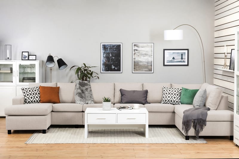 Crazy 6-seters Høyrevendt U-formet XX-Large Sofa med Divan og Sjeselong i Stoff - Beige - Møbler - Sofaer - Skinnsofaer