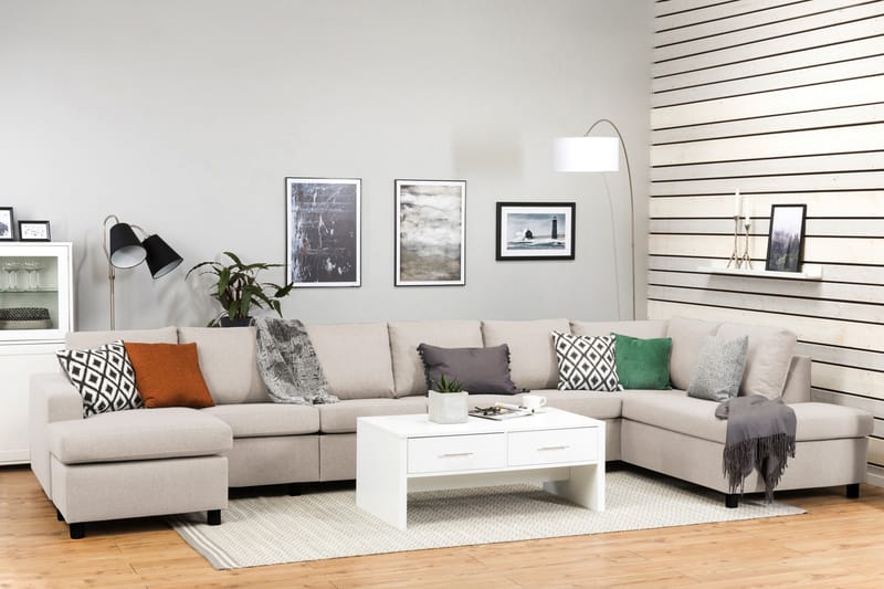 Crazy 6-seters Høyrevendt U-formet XX-Large Sofa med Divan og Sjeselong i Stoff - Beige - Møbler - Sofaer - Skinnsofaer