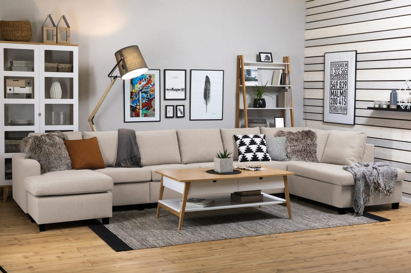 Crazy 6-seters Høyrevendt U-formet XX-Large Sofa med Divan og Sjeselong i Stoff - Beige - Møbler - Sofaer - U-sofa