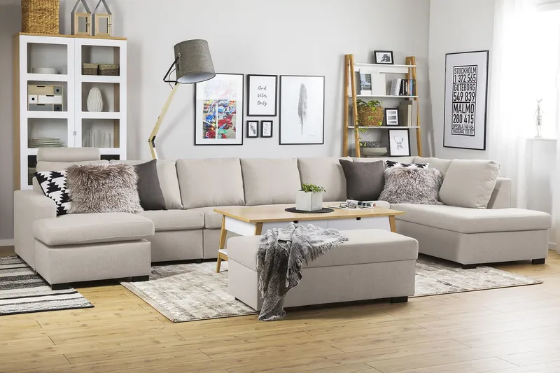Crazy 6-seters Høyrevendt U-formet XX-Large Sofa med Divan og Sjeselong i Stoff - Beige - Møbler - Sofaer - U-sofa