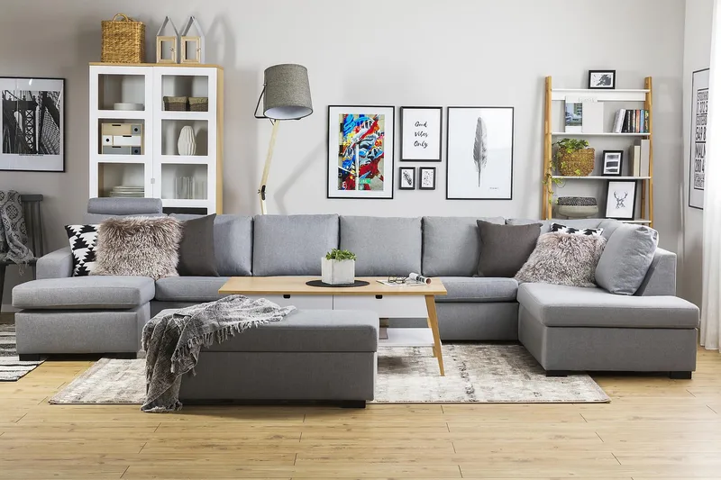 Crazy 6-seters Høyrevendt U-formet XX-Large Sofa med Divan og Sjeselong i Stoff - Grå - Møbler - Sofaer - U-sofa