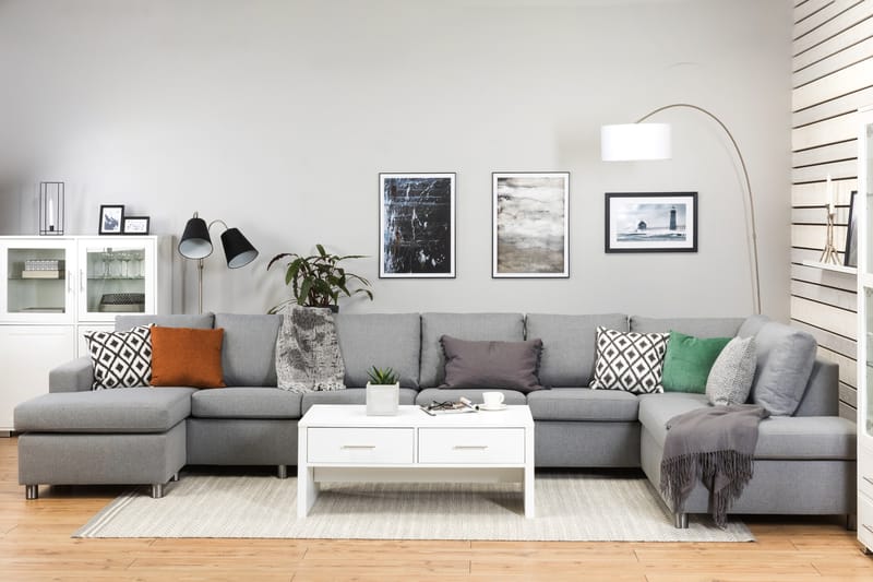 Crazy 6-seters Høyrevendt U-formet XX-Large Sofa med Divan og Sjeselong i Stoff - Grå - Møbler - Sofaer - U-sofa