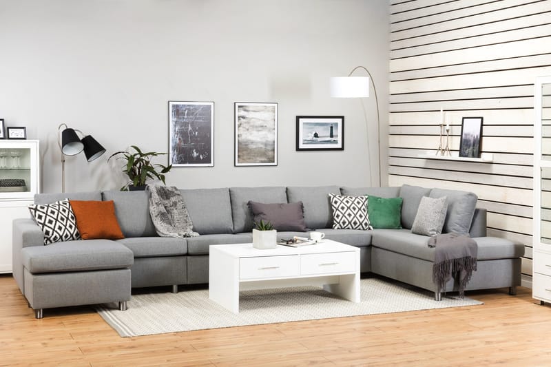 Crazy 6-seters Høyrevendt U-formet XX-Large Sofa med Divan og Sjeselong i Stoff - Grå - Møbler - Sofaer - U-sofa