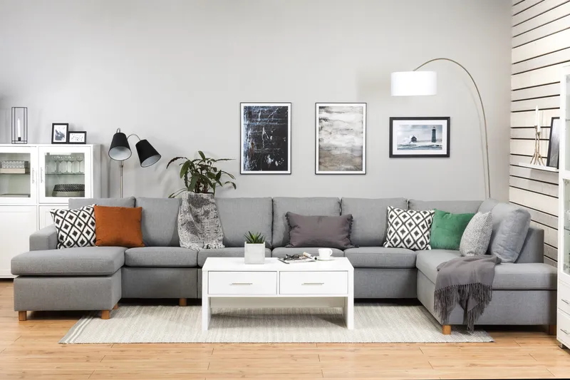 Crazy 6-seters Høyrevendt U-formet XX-Large Sofa med Divan og Sjeselong i Stoff - Grå - Møbler - Sofaer - U-sofa