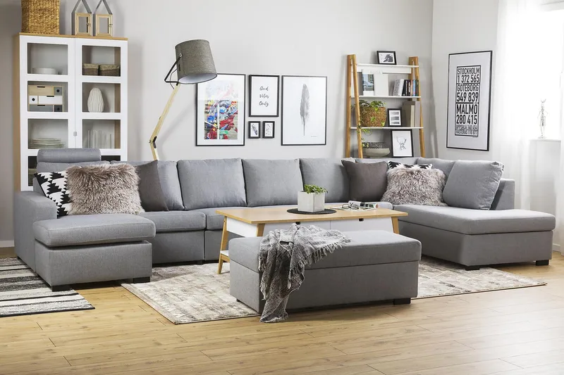 Crazy 6-seters Høyrevendt U-formet XX-Large Sofa med Divan og Sjeselong i Stoff - Grå - Møbler - Sofaer - U-sofa