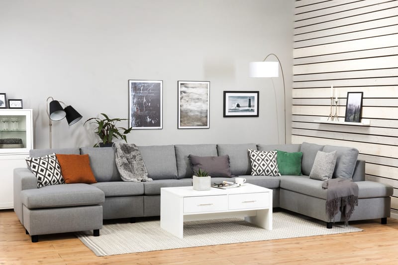 Crazy 6-seters Høyrevendt U-formet XX-Large Sofa med Divan og Sjeselong i Stoff - Grå - Møbler - Sofaer - U-sofa