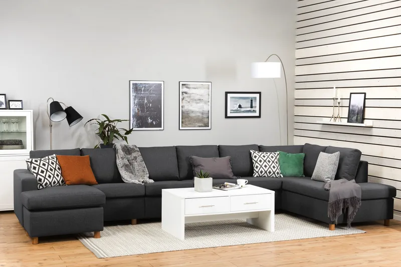 Crazy 6-seters Høyrevendt U-formet XX-Large Sofa med Divan og Sjeselong i Stoff - Mørk grå - Møbler - Sofaer - U-sofa