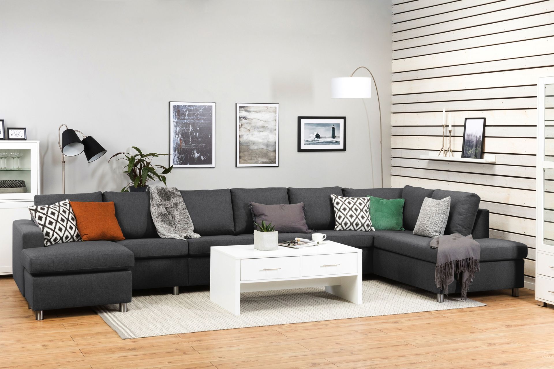 Crazy 6-seters Høyrevendt U-formet XX-Large Sofa med Divan og Sjeselong i Stoff - Mørk grå - Møbler - Sofaer - U-sofa