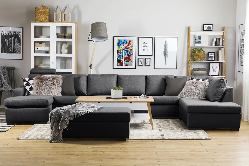 Crazy 6-seters Høyrevendt U-formet XX-Large Sofa med Divan og Sjeselong i Stoff - Mørk grå - Møbler - Sofaer - U-sofa