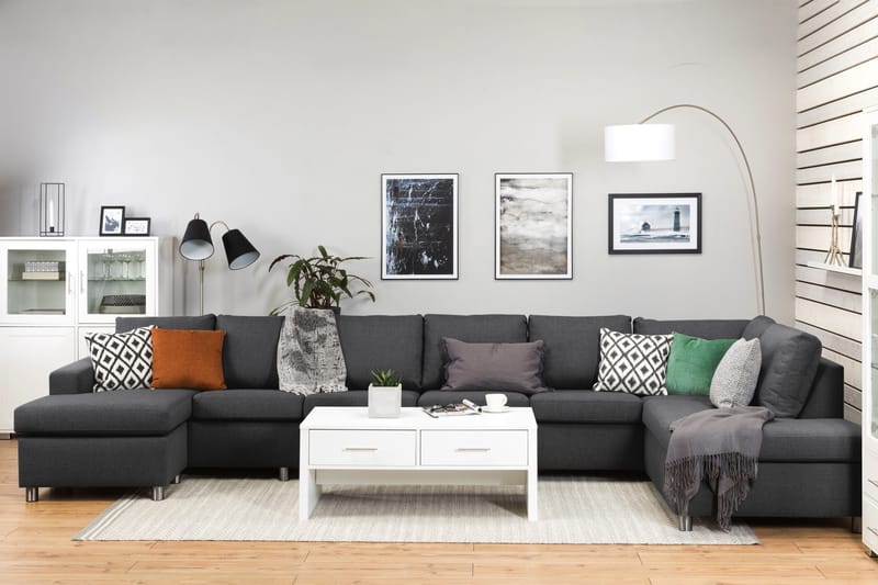 Crazy 6-seters Høyrevendt U-formet XX-Large Sofa med Divan og Sjeselong i Stoff - Mørk grå - Møbler - Sofaer - U-sofa