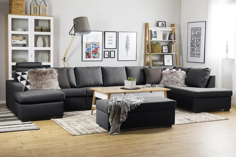Crazy 6-seters Høyrevendt U-formet XX-Large Sofa med Divan og Sjeselong i Stoff - Mørk grå - Møbler - Sofaer - U-sofa