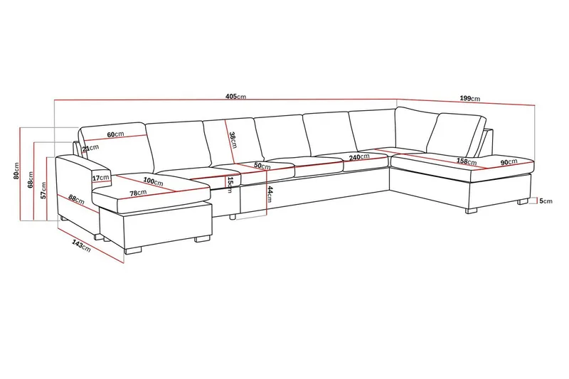 Crazy 6-seters Høyrevendt U-formet XX-Large Sofa med Divan og Sjeselong i Stoff - Mørk grå - Møbler - Sofaer - U-sofa