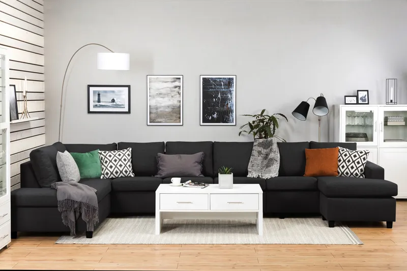 Crazy 6-seters Venstrevendt U-formet XX-Large Sofa med Divan og Sjeselong i Stoff - Antrasitt - Møbler - Sofaer - U-sofa