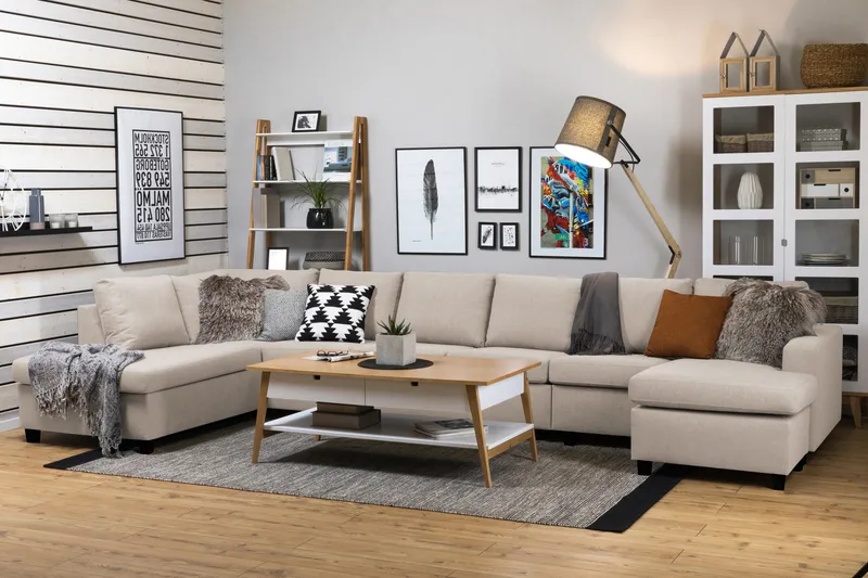 Crazy 6-seters Venstrevendt U-formet XX-Large Sofa med Divan og Sjeselong i Stoff - Beige - Møbler - Sofaer - U-sofa