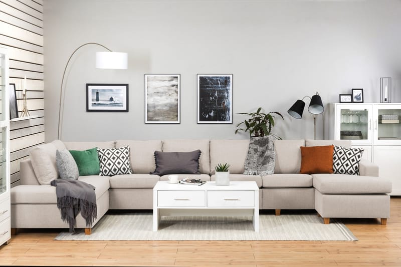 Crazy 6-seters Venstrevendt U-formet XX-Large Sofa med Divan og Sjeselong i Stoff - Beige - Møbler - Sofaer - U-sofa