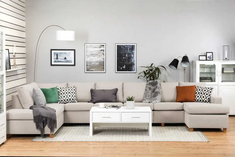 Crazy 6-seters Venstrevendt U-formet XX-Large Sofa med Divan og Sjeselong i Stoff - Beige - Møbler - Sofaer - U-sofa