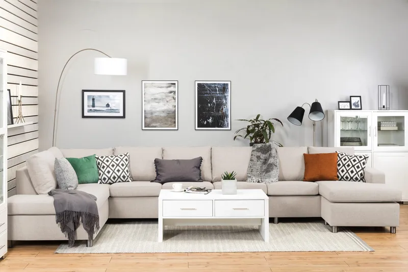 Crazy 6-seters Venstrevendt U-formet XX-Large Sofa med Divan og Sjeselong i Stoff - Beige - Møbler - Sofaer - U-sofa