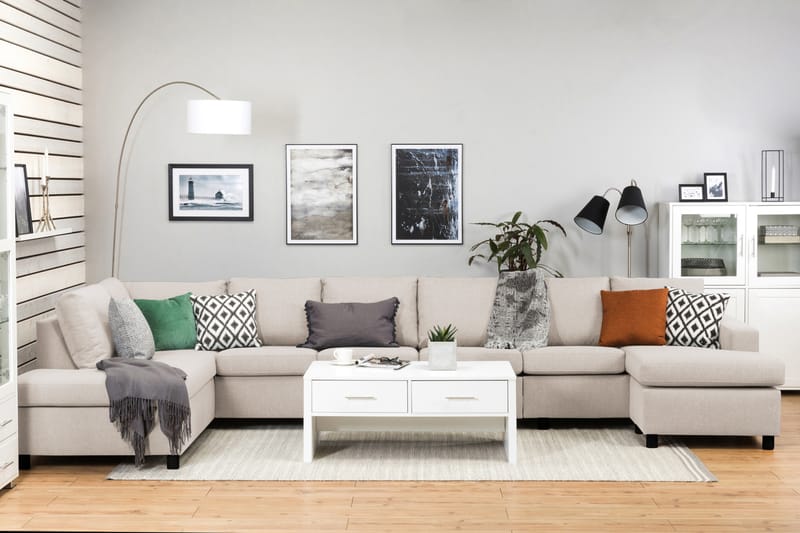 Crazy 6-seters Venstrevendt U-formet XX-Large Sofa med Divan og Sjeselong i Stoff - Beige - Møbler - Sofaer - U-sofa