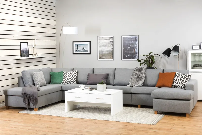 Crazy 6-seters Venstrevendt U-formet XX-Large Sofa med Divan og Sjeselong i Stoff - Grå - Møbler - Sofaer - U-sofa