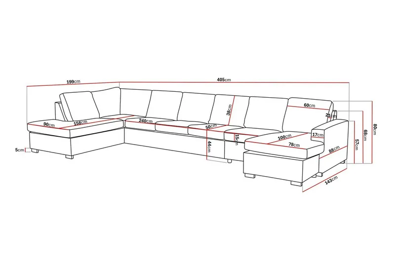 Crazy 6-seters Venstrevendt U-formet XX-Large Sofa med Divan og Sjeselong i Stoff - Grå - Møbler - Sofaer - U-sofa