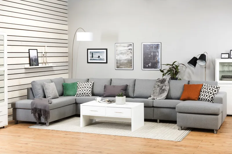 Crazy 6-seters Venstrevendt U-formet XX-Large Sofa med Divan og Sjeselong i Stoff - Grå - Møbler - Sofaer - U-sofa