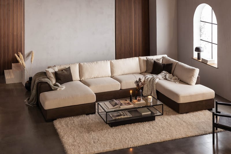 Cuba 5-seters Høyrevendt U-formet Sofa med Divan og Sjeselong i Kunstlær/Stoff - Brun / Beige - Møbler - Sofaer - U-sofa