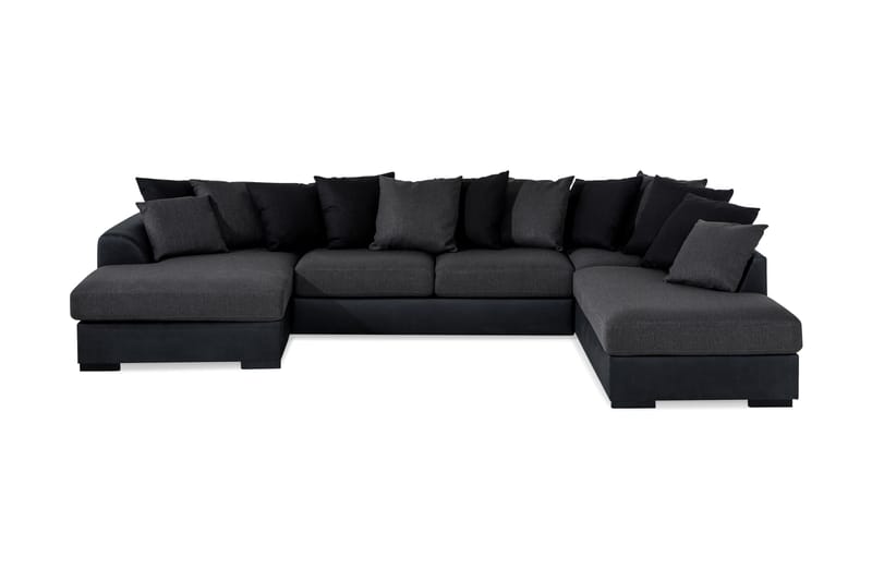Cuba 5-seters Høyrevendt U-formet Sofa med Divan og Sjeselong i Kunstlær/Stoff inkl. Pynteputer - Svart / Grå - Møbler - Sofaer - U-sofa