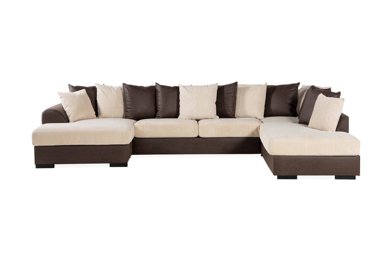 Cuba 5-seters Høyrevendt U-formet Sofa med Divan og Sjeselong i Manchester/Kunstlær inkl. Pynteputer - Brun / Beige - Møbler - Sofaer - U-sofa