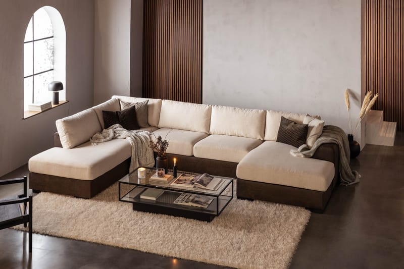Cuba 5-seters Venstrevendt U-formet Sofa med Divan og Sjeselong i Kunstlær/Stoff - Brun / Beige - Møbler - Sofaer - U-sofa