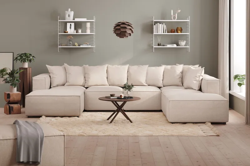 Cubo 5-seters U-formet Dyp Modulsofa med Divan og Sjeselong i Fløyel - Beige - Møbler - Sofaer - U-sofa