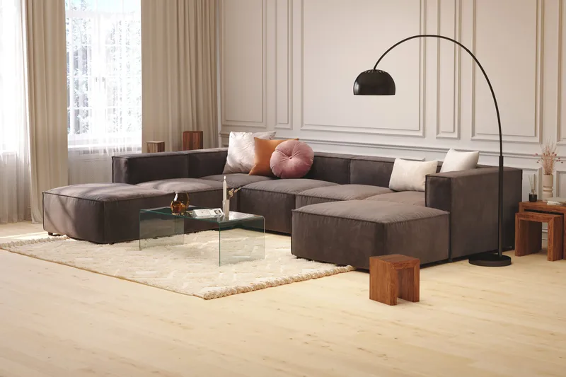 Cubo 5-seters U-formet Dyp Modulsofa med Divan og Sjeselong i Fløyel - Mørk grå - Møbler - Sofaer - U-sofa