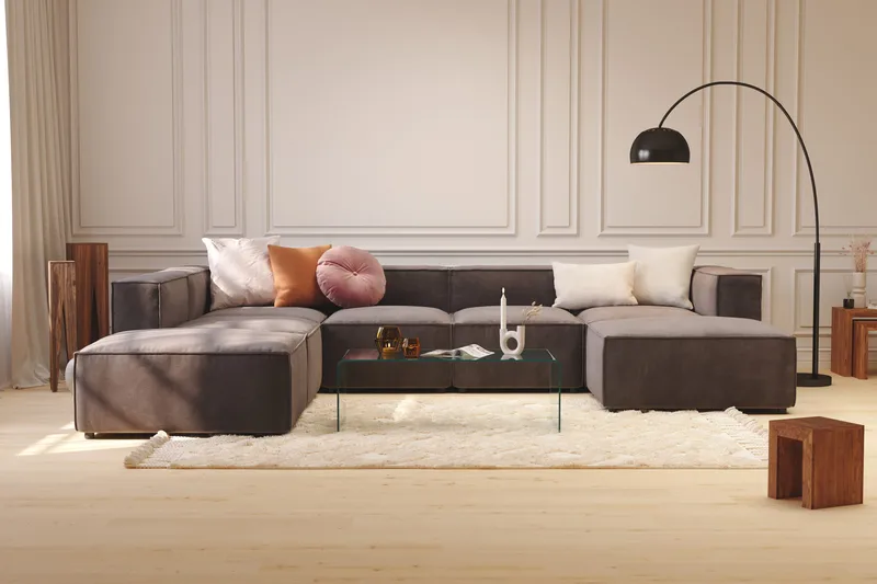 Cubo 5-seters U-formet Dyp Modulsofa med Divan og Sjeselong i Fløyel - Mørk grå - Møbler - Sofaer - U-sofa