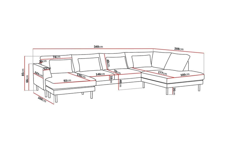 Florenz 4-seters Høyrevendt U-formet Sofa med Divan og Sjeselong i Stoff - Lysegrå - Møbler - Sofaer - U-sofa