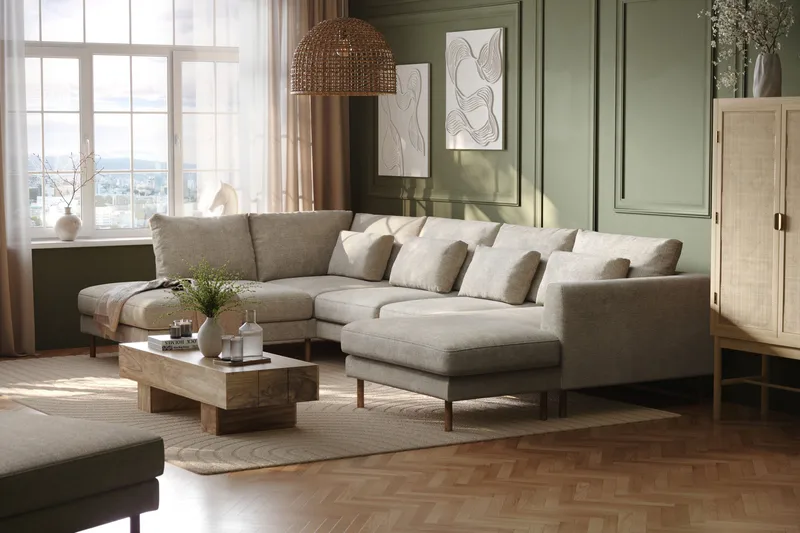 Florenz 4-seters Venstrevendt U-formet Sofa med Divan og Sjeselong i Chenille - Grå/Beige - Møbler - Sofaer - U-sofa