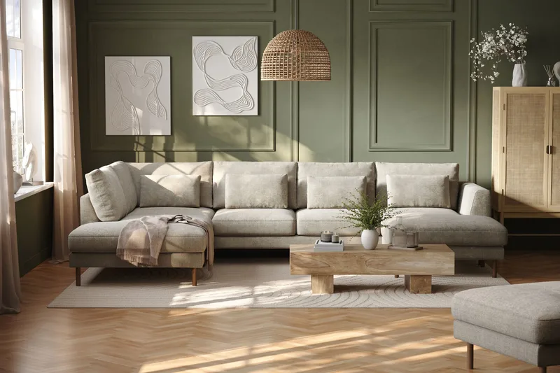 Florenz 4-seters Venstrevendt U-formet Sofa med Divan og Sjeselong i Chenille - Grå/Beige - Møbler - Sofaer - U-sofa