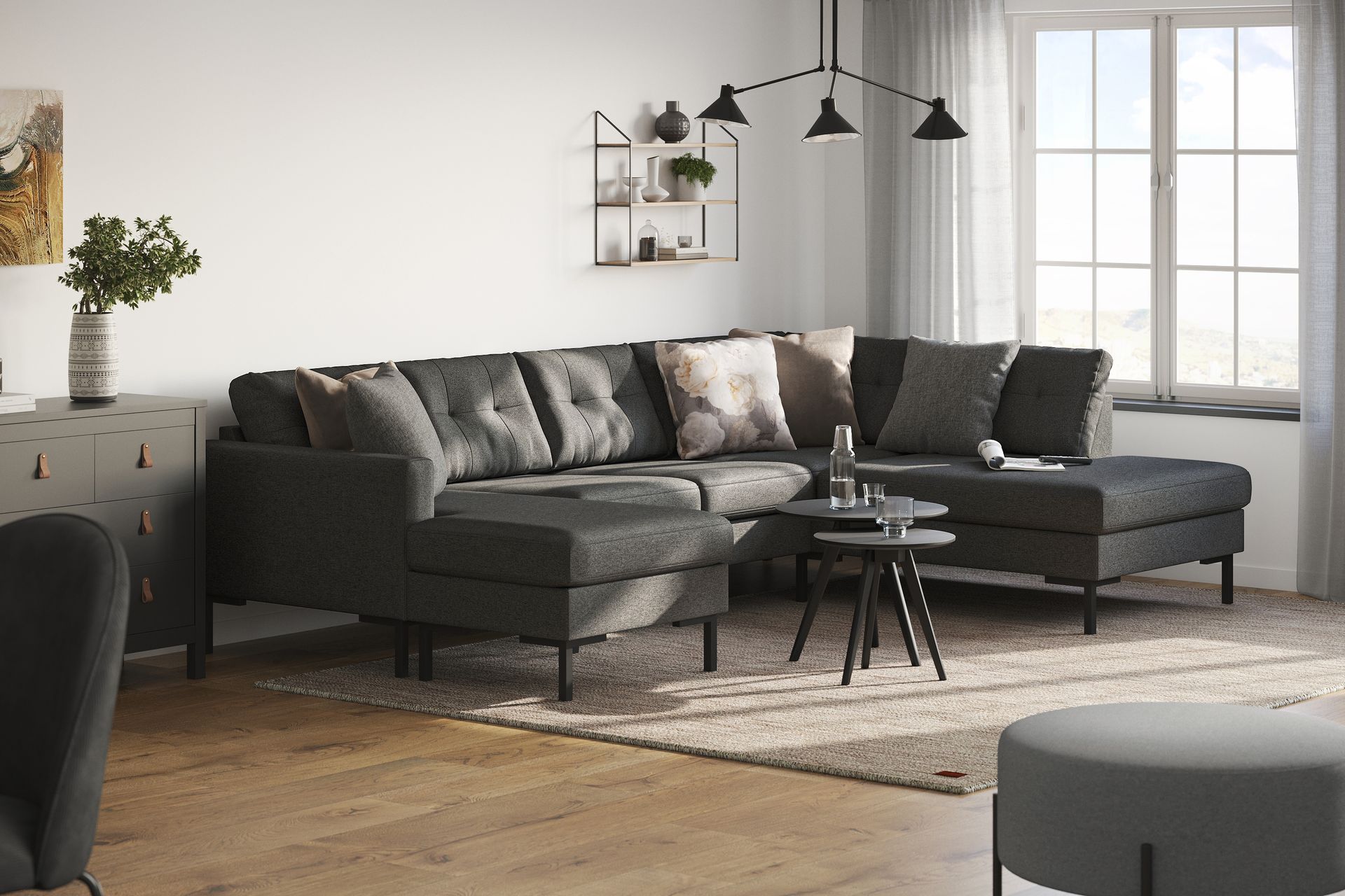 Frillestad 4-seters Høyrevendt U-formet Sofa med Divan og Sjeselong i Stoff - Mørk grå - Møbler - Sofaer - U-sofa