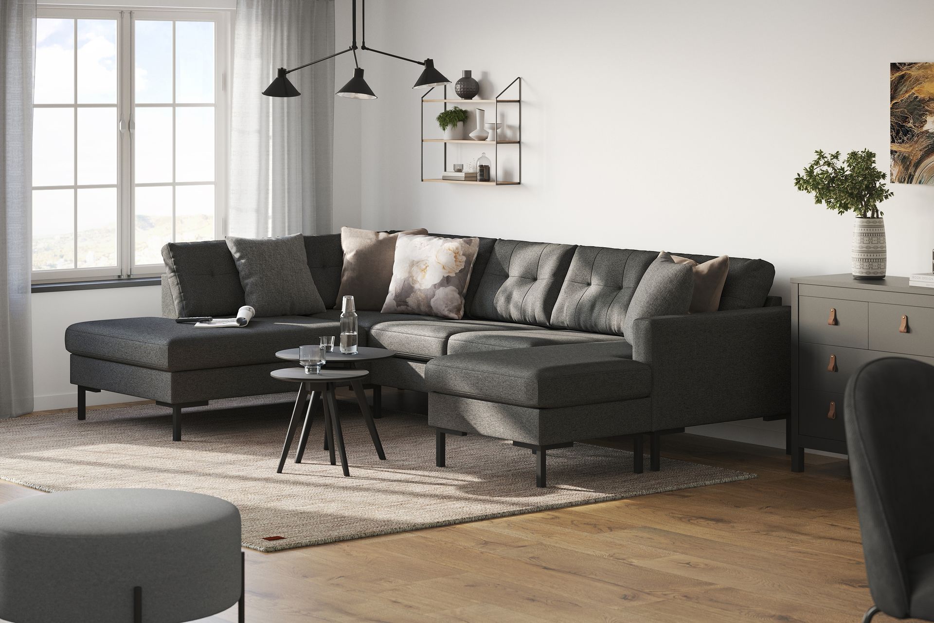 Frillestad 4-seters Venstrevendt U-formet Sofa med Divan og Sjeselong i Stoff - Mørk grå - Møbler - Sofaer - U-sofa