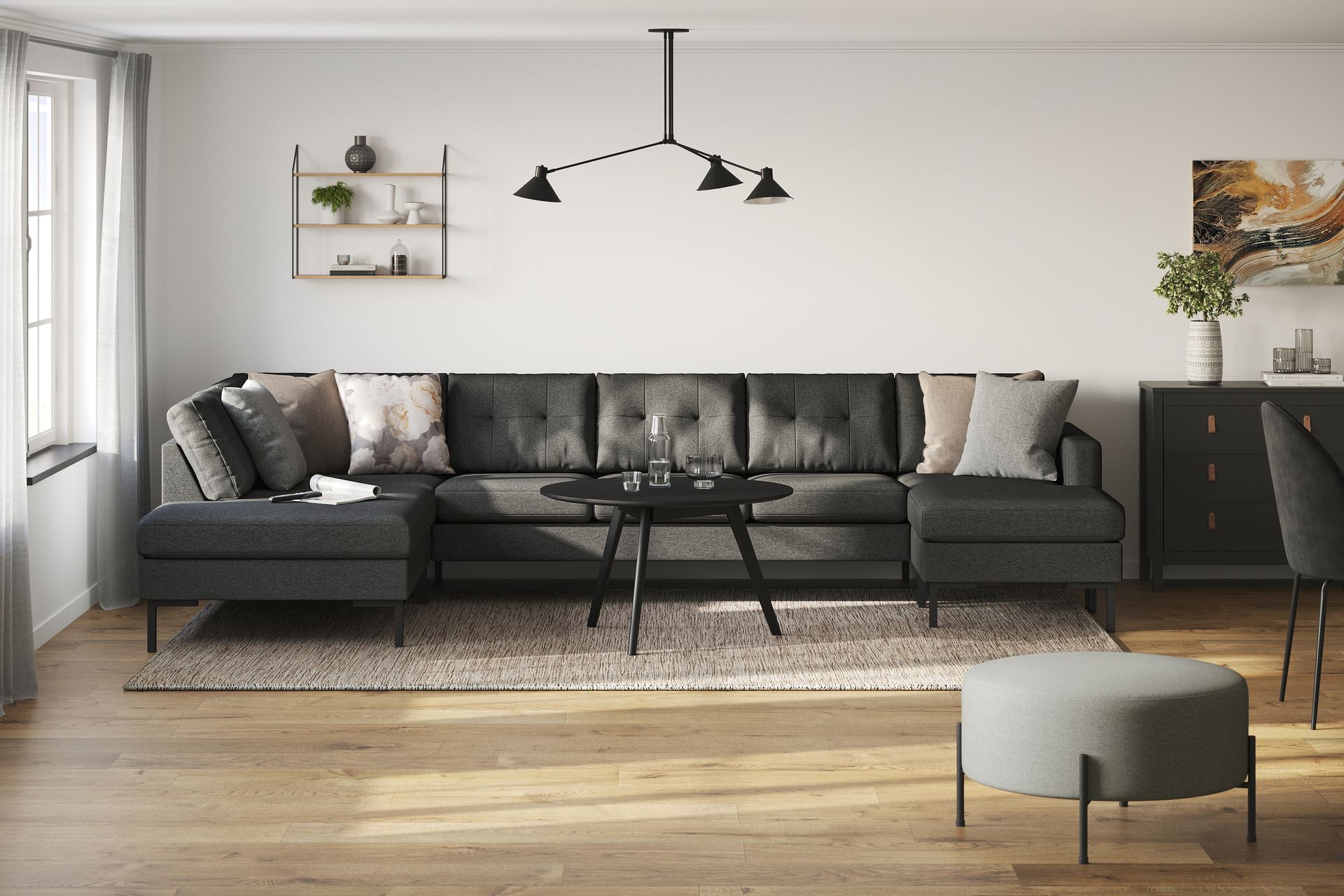 Frillestad 5-seters Venstrevendt U-formet Sofa med Divan og Sjeselong i Stoff - Mørk grå - Møbler - Sofaer - U-sofa
