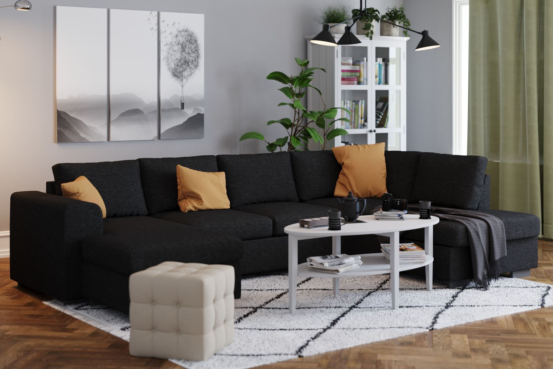 Link 4-seters Høyrevendt U-formet Large Sofa med Divan og Sjeselong i Stoff - Svart - Møbler - Sofaer - U-sofa